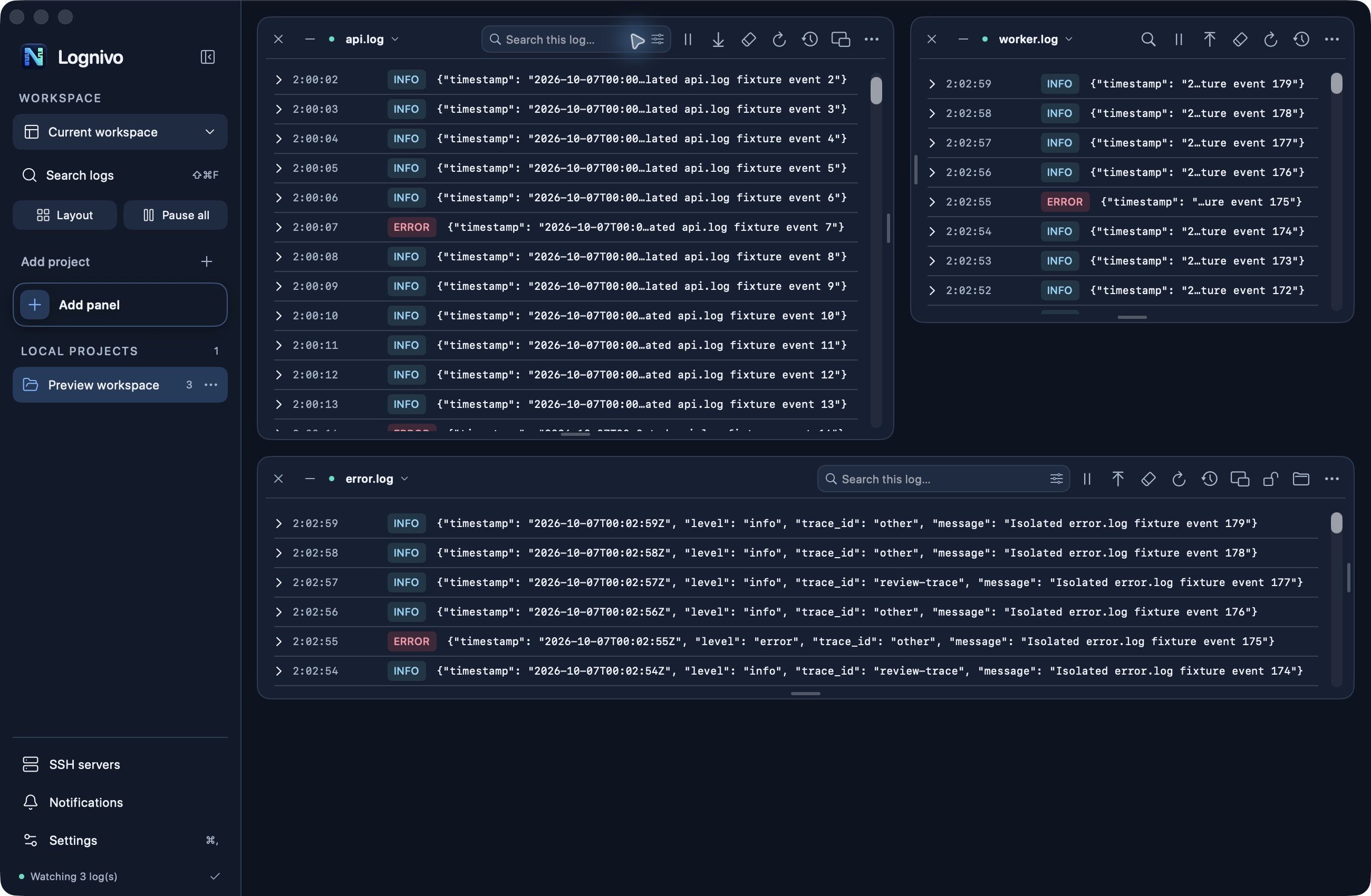 Lognivo for Mac showing multiple log panels in one workspace